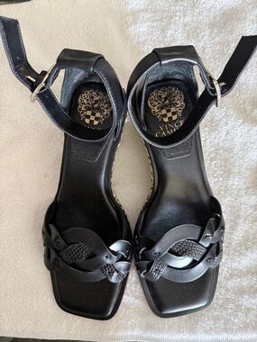 Vince Camuto Black Leather Braided Ankle-Strap Sandals